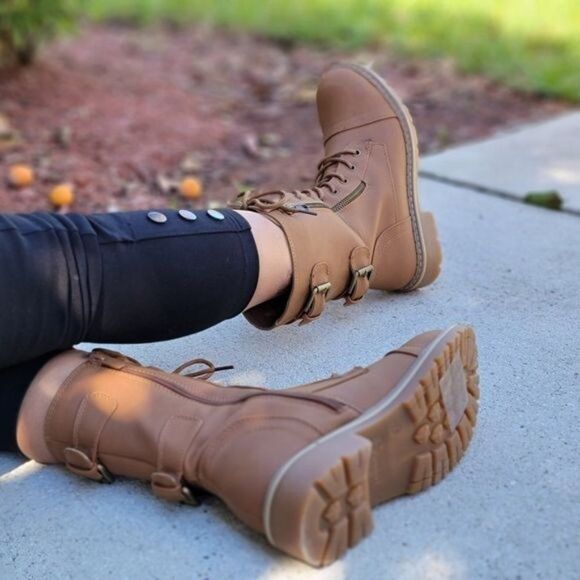 Women's Tan Lace up and Ankle Mid Calf Combat Boots - Picture 3 of 7